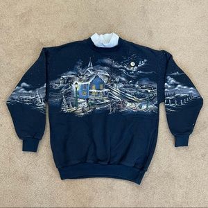 VTG 90s Art Unlimited Scenic Christmas House Winter Night Pullover Crewneck Sz M